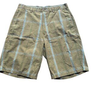 Vintage Gap Size 32 Beige & Green Plaid Bermuda Cotton Flat Front Chino Shorts